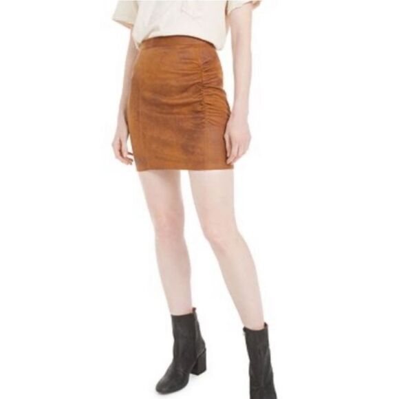 Free People NWT Rumi Ruched‎ Mini Skirt Camel Brown Faux Suede Small - Picture 1 of 9